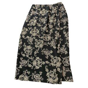 Chaps Black & Gold Floral Print Midi Skirt Side Slit Size 10